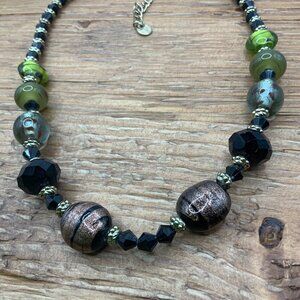 Murano Style Bold Mixed Beaded Green Bronze Black Glass Gold Tone Necklace